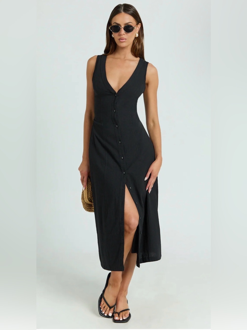 NWT Showpo JULIET Black Button-Front Sleeveless Midi Dress size 2